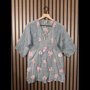 Johnny Was Top XS Women Popover Gray Eyelet Embroidered Floral Cupra Half Sleeve